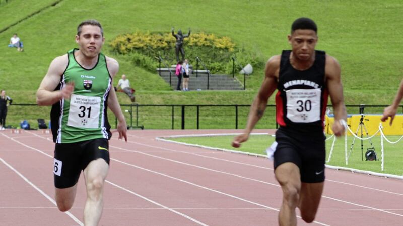 Leon Reid (right) gets the better of Jason Smyth in the men&#39;s 100m final at the NI &amp; Ulster Senior Championships at the Mary Peters Track in Belfast 