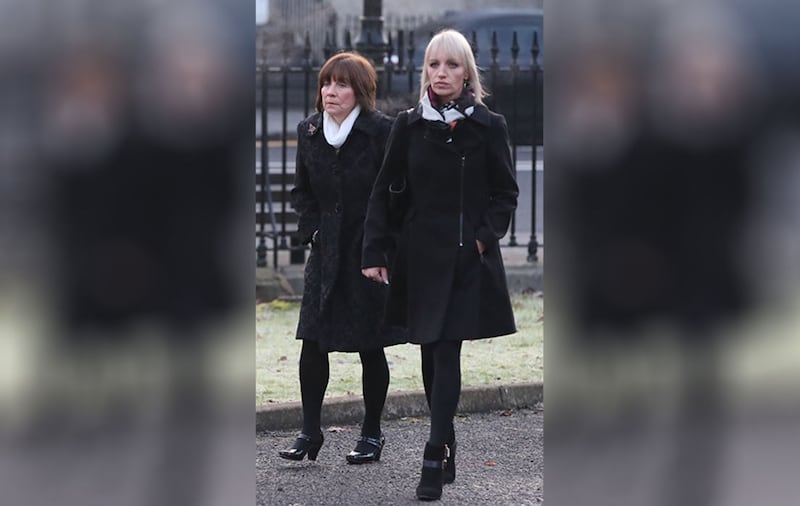 &nbsp;Clodagh Hawe's mother Mary Coll (left) and sister Jacqueline Connelly arrive at Cavan Court House for the inquest into the deaths of the Hawe family last year. Picture by Niall Carson, PA