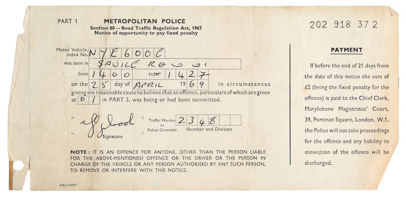 A parking ticket issued to Ringo Starr