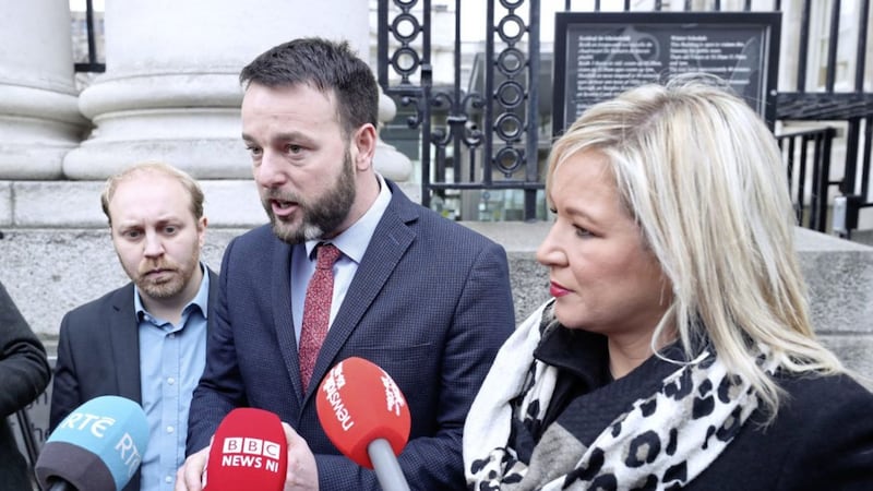 (left to right) Former Green Party leader Steven Agnew, SDLP leader Colm Eastwood and Sinn F&eacute;in deputy leader pictured in Dublin earlier this month following a Brexit briefing with Taoiseach Leo Varadkar. Picture by Niall Carson/PA Wire
