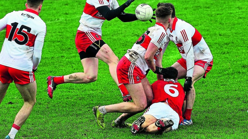 Derry have stormed to the top of Division Two with the meanest defence in the entire League, and have done it by playing on the front foot. Picture: Margaret McLaughlin&nbsp;