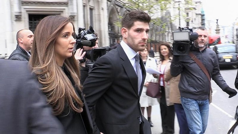 Ched Evans leaving the Court of Appeal in London with partner Natasha Massey, after he won his appeal against his conviction for raping a 19-year-old woman