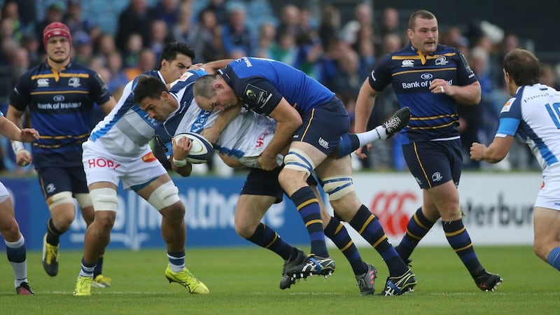 Leinster's Devin Toner tackles Castres's Robert Ebersohn during the European Champions Cup, pool four match at the RDS Arena, Dublin.&nbsp;