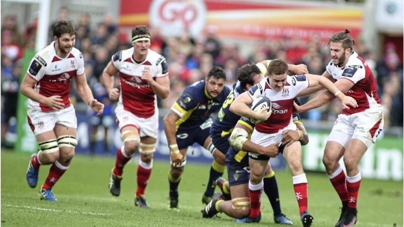 Ulster&#39;s Paddy Jackson gets away from Clermont on Saturdey Picture by Hugh Russell 