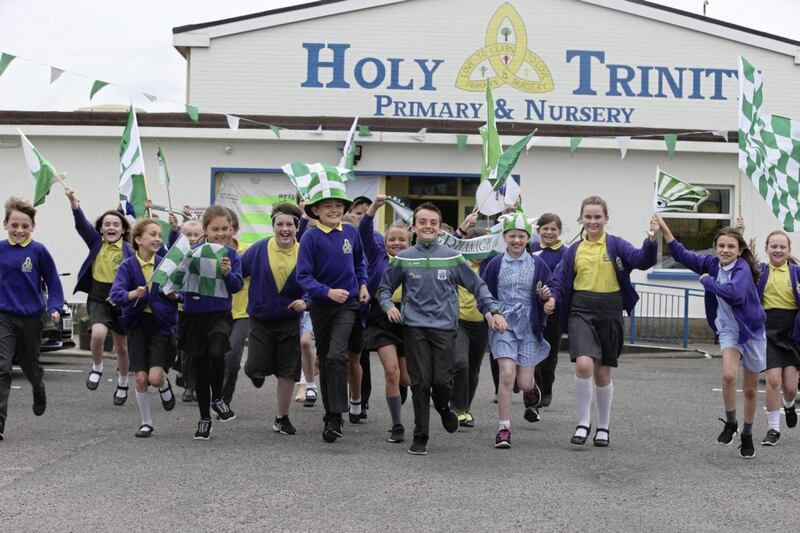Come on Fermanagh fans from Holy Trinity school get set for the big game on Sunday. Picture by Hugh Russell