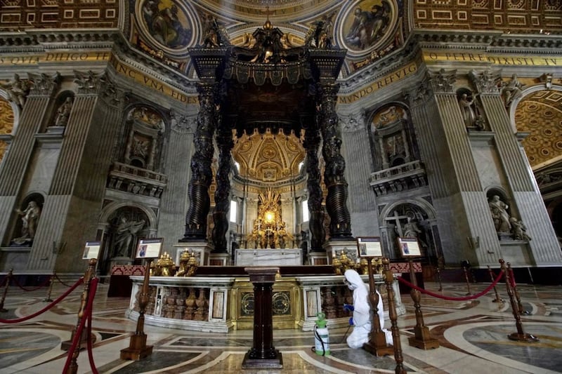 Churches in Italy reopened this week following a two-month lockdown in response to Covid-19. An extensive cleaning regime, as well as social distancing and other measures, are compulsory - including in St Peter&#39;s Basilica at the Vatican. Picture by AP Photo/Andrew Medichini 