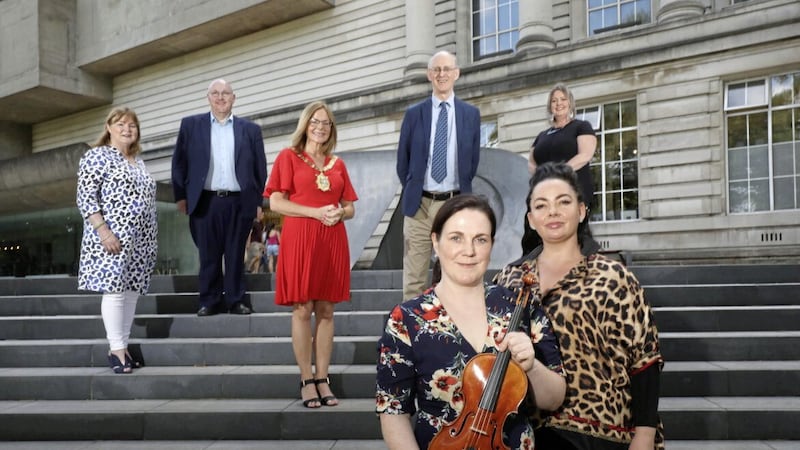 (L-R) Jackie McCoy, Chairman of Belfast International Arts Festival (BIAF), William Leathem, Vice-Chair of Arts Council Northern Ireland, Councillor Christina Black, Lord Mayor of Belfast, Richard Wakley, Chief Executive and Artistic Director of BIAF and Siobhan McGuigan, Events Development Manager at Tourism Northern Ireland with violinist Joanne Quigley McParland and pianist Ruth McGinley at Ulster Museum 