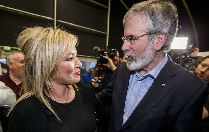 File photo dated 3/3/2017 of Sinn F&eacute;in's northern leader Michelle O'Neill being greeted by Sinn F&eacute;inn President Gerry Adams as she arrives at the Titanic Exhibition Centre, Belfast for the 2017 Northern Ireland Assembly election count&nbsp;