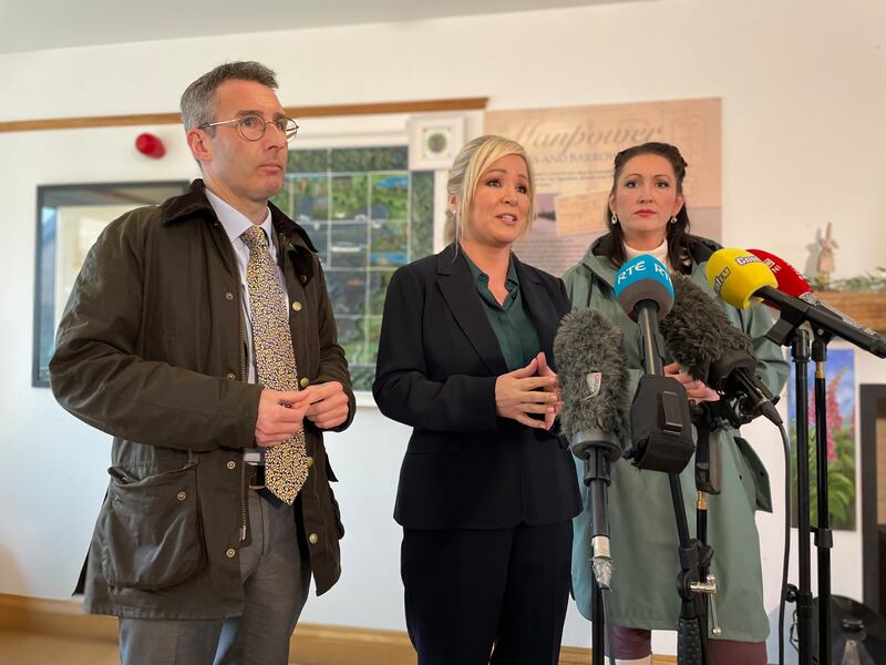 Stormont Agriculture, Environment and Rural Affairs Minister Andrew Muir, First Minister Michelle O’Neill and deputy First Minister Emma Little-Pengelly speak to media following a meeting with Lough Neagh Partnership at the Lock Keepers Cottage in Toome.