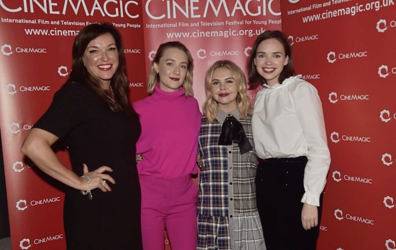 Joan Burney Keatings, Cinemagic CEO, with actresses Saoirse Ronan, Saoirse-Monica Jackson and Eileen O&rsquo;Higgins at the opening of the 30th Cinemagic Festival 