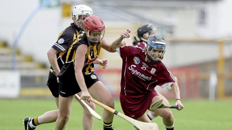 Galway&#39;s Noreen Coen and Grace Walsh of Kilkenny battle for possession during the Liberty Insurance All-Ireland Senior Camogie Championship clash at Nowlan Park, Kilkenny on July 22 2018. Picture: &copy;INPHO/Tommy Dickson 