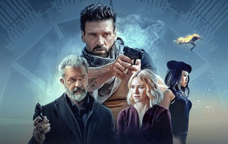 Boss Level: Mel Gibson as Colonel Clive Ventor, Frank Grillo as Roy Pulver, Naomi Watts as Jemma Wells and Selina Lo as Guan Yin 