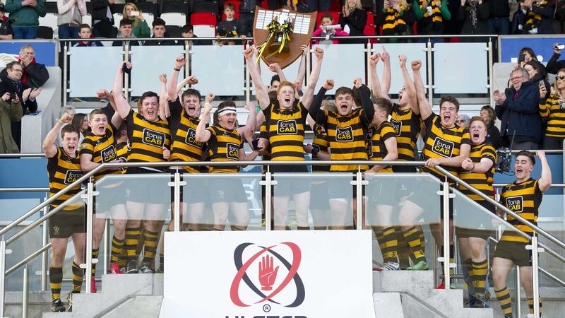 Inst celebrate their victory in Thursday's Schools Cup final at the Kingspan Stadium&nbsp;<br />Picture by Pacemaker&nbsp;