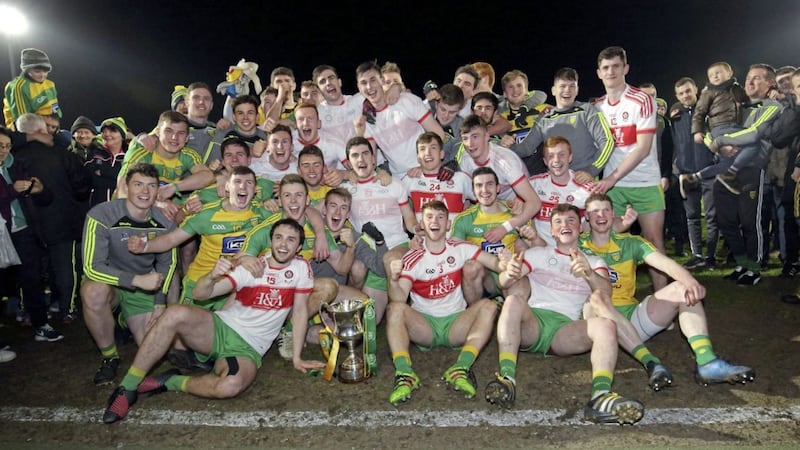 Donegal players celebrate after beating Derry in Monday night's EirGrid Ulster U21 Football Championship final at the Athletic Grounds <br /> Picture by Cliff Donaldson