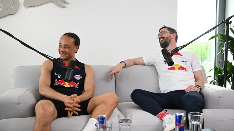 Xavi Simons and Dr Peter Schneider on Red Bull’s Mind Set Win podcast in Leipzig, Germany.