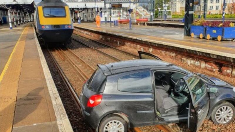 The Renault Clio was pictured on the tracks on Wednesday afternoon.