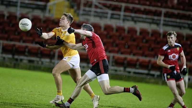 Eoghan McCabe on the attack for Antrim in Tuesday night&#39;s two-point win over Down at Pairc Esler, Newry. Picture by Hugh Russell. 