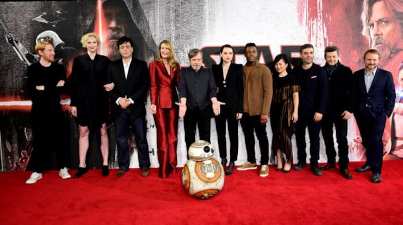Rian Johnson (right) joined by cast members from Star Wars: The Last Jedi (Ian West/PA)