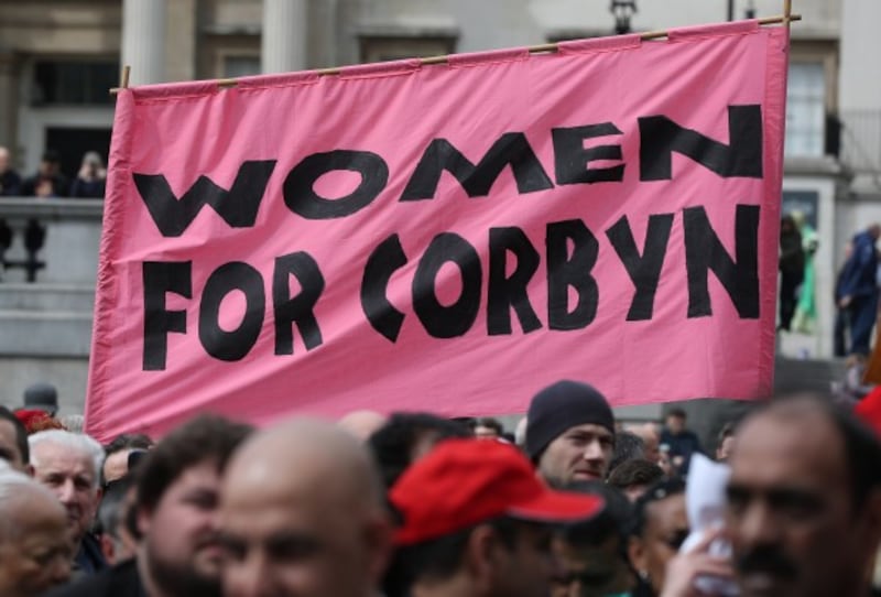 A Women for Corbyn banner during a May Day march in London