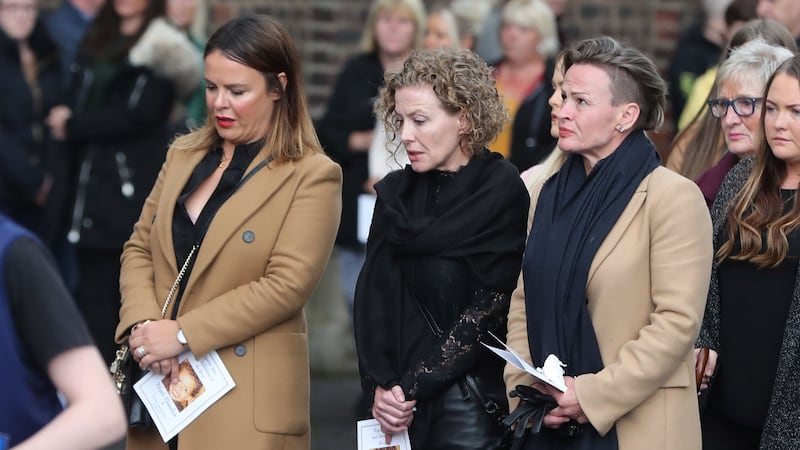 &nbsp;Noah Donohoe's mother, Fiona (centre), and his aunts prepare to enter St Patrick's Church in Belfast where Requiem Mass for the 14-year-old was celebrated this morning. Picture by Niall Carson, PA