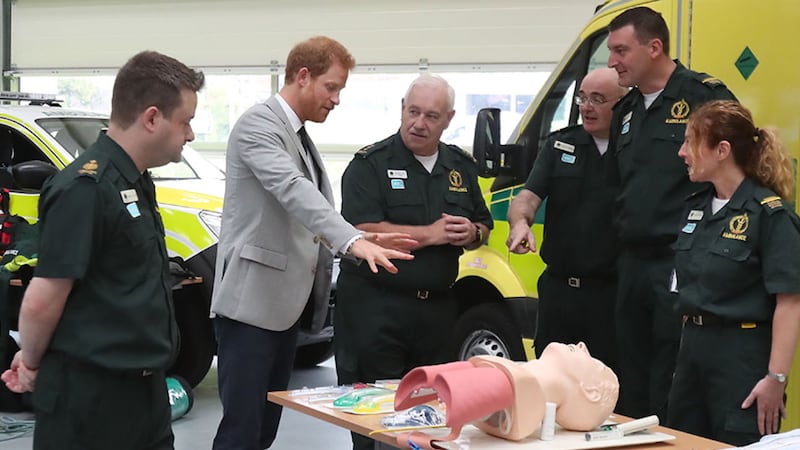 Prince Harry meets ambulace crews during a visit to Ballymena Northern Division HQ and Ambulance Station. Picture by&nbsp;Niall Carson, PA Wire