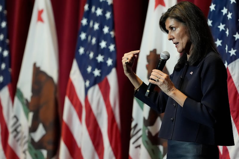Republican presidential candidate Nikki Haley speaks during a campaign event in Los Angeles (Damian Dovarganes/AP)