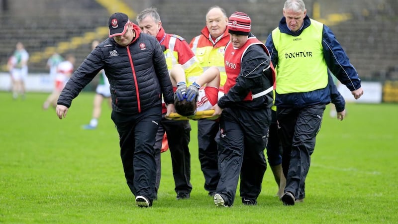 Ryan Bell could be out of action for two months after injuring his ankle against Fermanagh last Sunday. Pic Philip Walsh. 