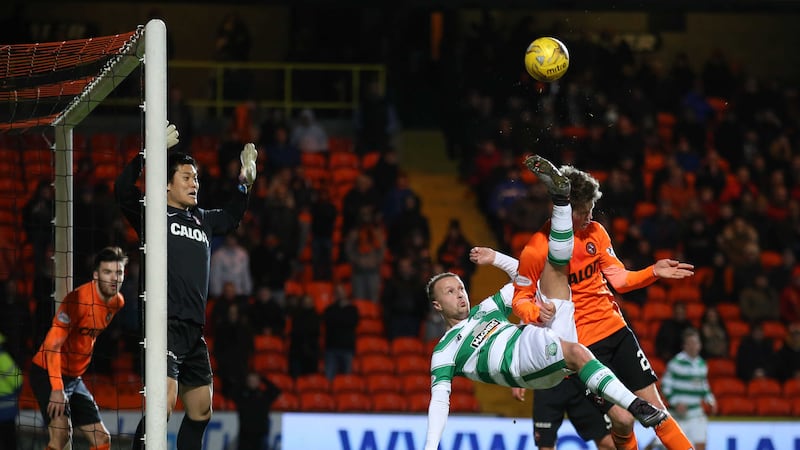 Celtic striker Leigh Griffiths attempts an overhead kick against Dundee United at Tannadice on Friday night<br />Picture by PA&nbsp;