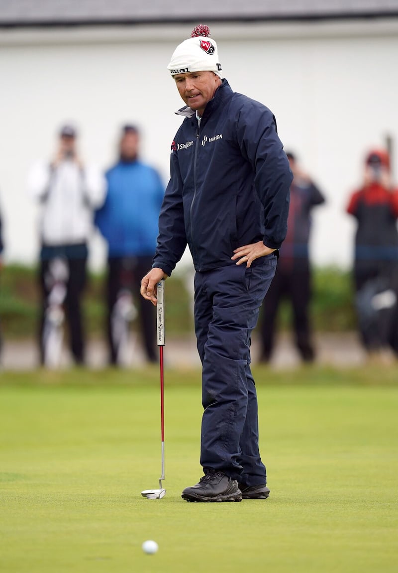 	Padraig Harrington reacts to a missed putt on the 18th green during day four of The 2023 Senior Open Championship at the Royal Porthcawl Golf Course, Porthcawl      Picture: PA