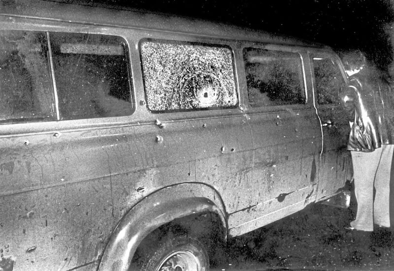 The bullet-riddled minibus at the scene of the massacre of 10 protestant workman shot dead in a massacre at Kingsmills in January 1976 