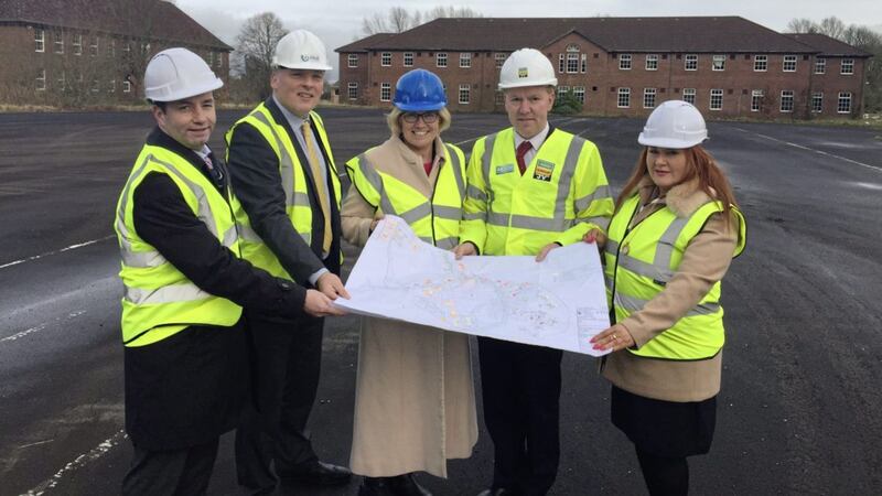 Pictured with the plans for the regeneration of St Patrick&rsquo;s Barracks, Ballymena, are, from left, Mel Higgins (chief operating officer, Northern Regional College) John McClean (chief executive, Radius Housing); Tracy Meharg (permanent secretary, Department for Communities); David Porter (divisional roads manager, northern division, Department for Infrastructure); and Anne Donaghy (chief executive, Mid &amp; East Antrim Borough Council) 
