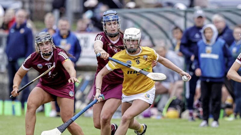 Antrim&#39;s Nicole O&#39;Neill is challenged by Galway&#39;s Niamh Hanniffy during Saturday&#39;s Glen Dimplex Senior All-Ireland Championship Group Two match at Dunloy Picture: John McVitty/Inpho 