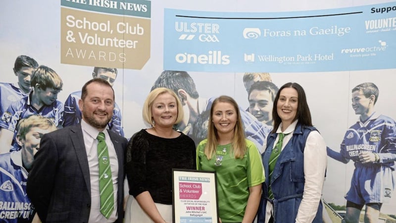 Brendan Birt, Aoife Savage and Roisin Coulter of Ballygalget GAC are presented their award for Club Social Responsibility at the Irish News School, Club &amp; Volunteer Awards by Georgina McKeown of Revive Active 