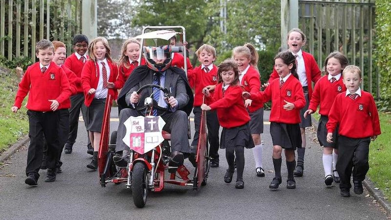 Kieran McTaggart, principal of St Bernard&#39;s PS, who is taking part in a soapbox derby Picture by Mal McCann. 