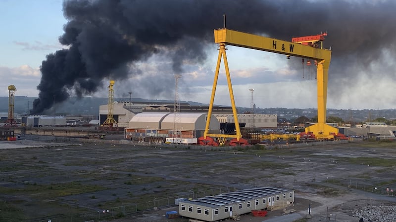 Smoke billowing from the Bombardier Aerospace plant in Belfast on Sunday. Photo courtesy of Joel Neill (via PA).