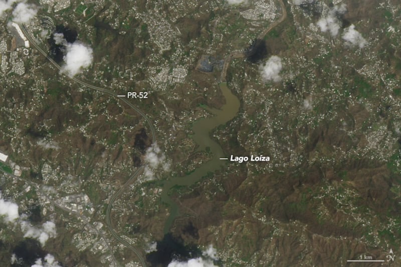 Part of Puerto Rico after Hurricane Maria, the area around the Lago Loíza reservoir, south of San Juan and north of Caguas (Nasa Earth Observatory)