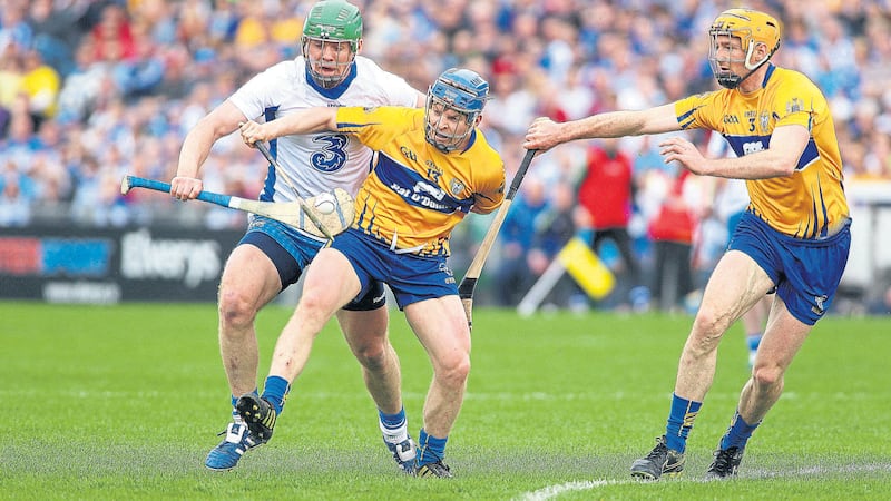 &nbsp;Clare&rsquo;s Padraic Collins and Cian Dillon come under pressure from Waterford&rsquo;s Tom Devine<br />Picture by Seamus Loughran