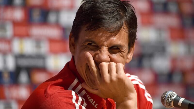 Wales manager Chris Coleman during a press conference at their training complex in Sportif du Cosec, Dinard on Tuesday<br />Picture by AP
