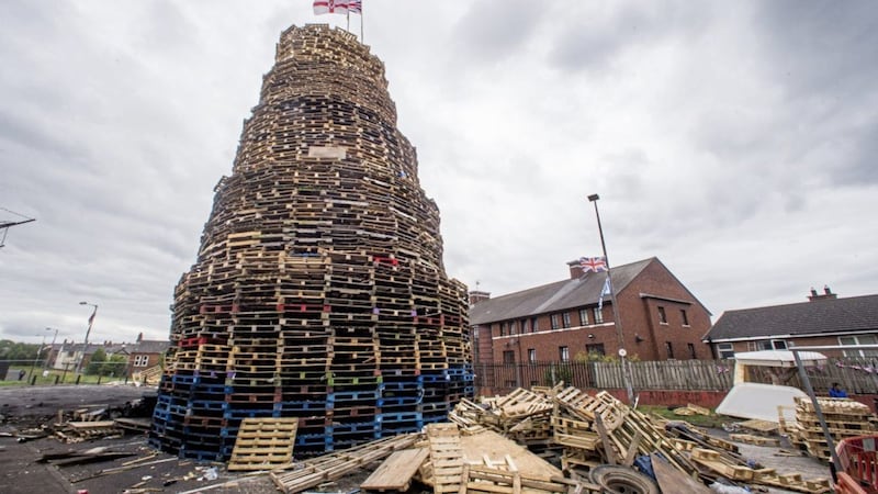 A loyalist bonfire at Bloomfield Walkway in east Belfast last year 