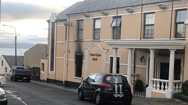 The damage to the Caiseal Mara Hotel in Moville, Co. Donegal, where a fire broke out in the early hours of yesterday morning. Picture by Aoife Moore/PA Wire  