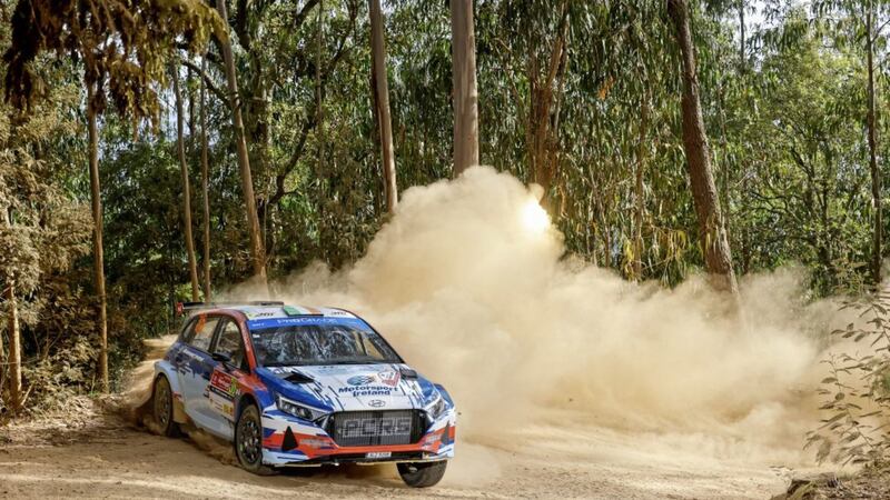 Josh McErlean in action at the Rally de Portugal.<br /> Pic: Austral, copyright Hyundai Motorsport GmbH