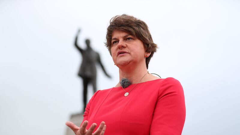 DUP Leader Arlene Foster during an interview while waiting for the arrival of British prime minister Boris Johnson, in front of Carson's statue at Stormont House in Belfast. Picture by Liam McBurney/PA Wire&nbsp;