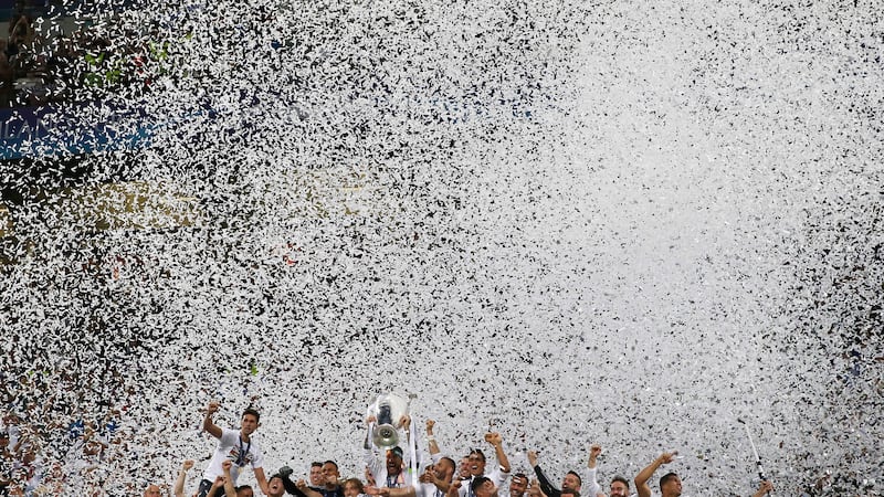 Real Madrid players celebrate their Champions League victory at the San Siro in Milan earlier this year &nbsp;