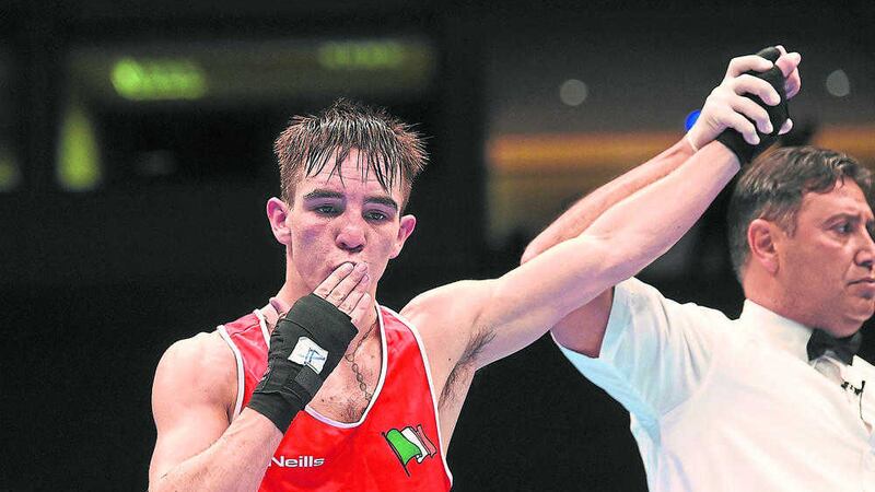 Ireland's Michael Conlan is declared victor over Dzmitry Asanau of Belarus, in the men's Bantamweight 56kg semi-final at the AIBA World Boxing Championships in Doha, Qatar<br />Picture: Sportsfile&nbsp;