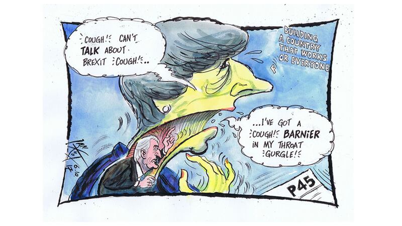 Ian Knox cartoon 6/10/17: Amidst the numerous farcical events that characterised Theresa May's conference speech, the fact that Michel Barnier was stuck in her gullet passed largely unnoticed