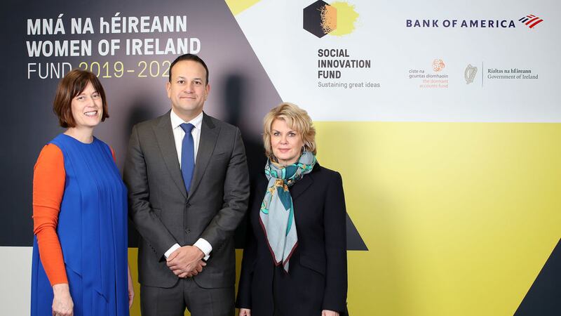 Deirdre Mortell, CEO of Social Innovation Fund Ireland, Taoiseach Leo Varadkar and Bank of America vice-chairwoman Anne Finucane at the launch. Picture by Marc O'Sullivan/PA
