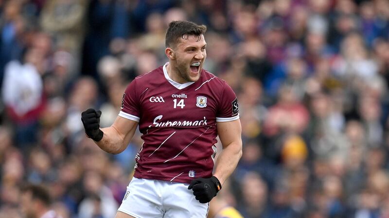  Damien Comer of Galway celebrates after scoring his side's first goal during the Connacht GAA Football Senior Championship Semi-Final match between Roscommon and Galway at Dr Hyde Park in Roscommon. Picture: Seb Daly/Sportsfile