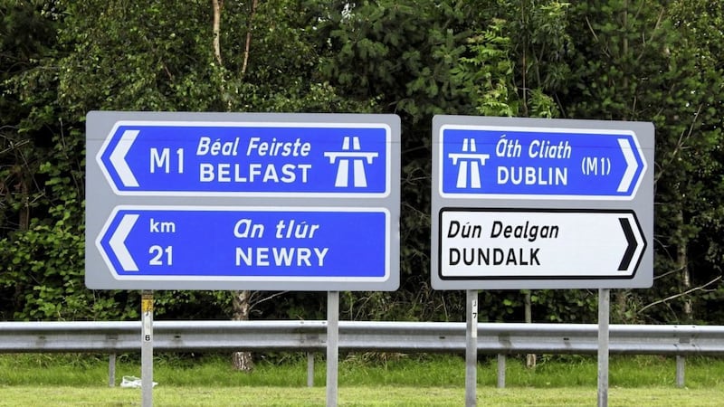 Road signs for Belfast, Newry, Dublin and Dundalk 