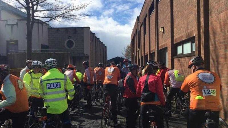 Cyclists get ready to leave Cookstown. Picture from @CASuicide on&nbsp;Twitter