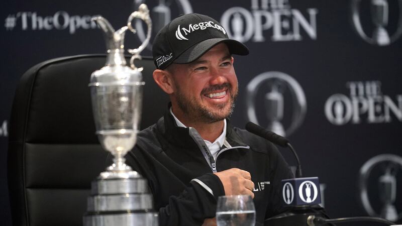 USA's Brian Harman with the Claret Jug during a press conference after winning The Open at Royal Liverpool, Wirral   Picture: PA